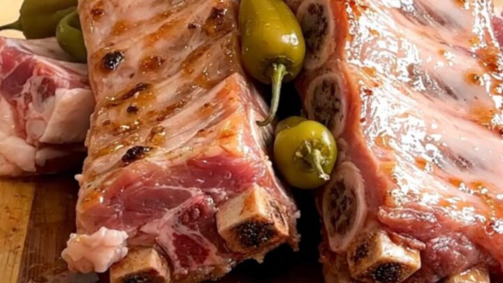 A slow cooker filled with tender boneless country-style pork ribs and whole pepperoncini peppers.