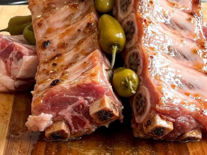 A slow cooker filled with tender boneless country-style pork ribs and whole pepperoncini peppers.