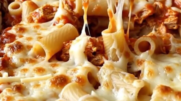 A large rectangular ceramic dish filled with baked ziti, ground turkey, and bubbly, melted mozzarella cheese.
