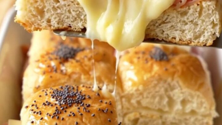 A close-up of baked ham and Swiss sliders with golden brown tops sprinkled with poppy seeds.