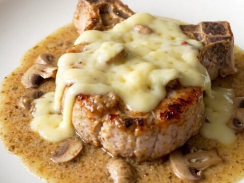 A close-up of tender boneless pork chops covered in a creamy mushroom sauce and melted Swiss cheese.