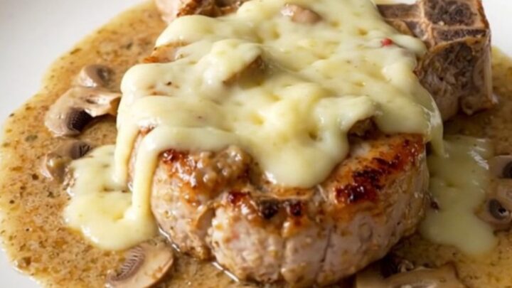 A close-up of tender boneless pork chops covered in a creamy mushroom sauce and melted Swiss cheese.