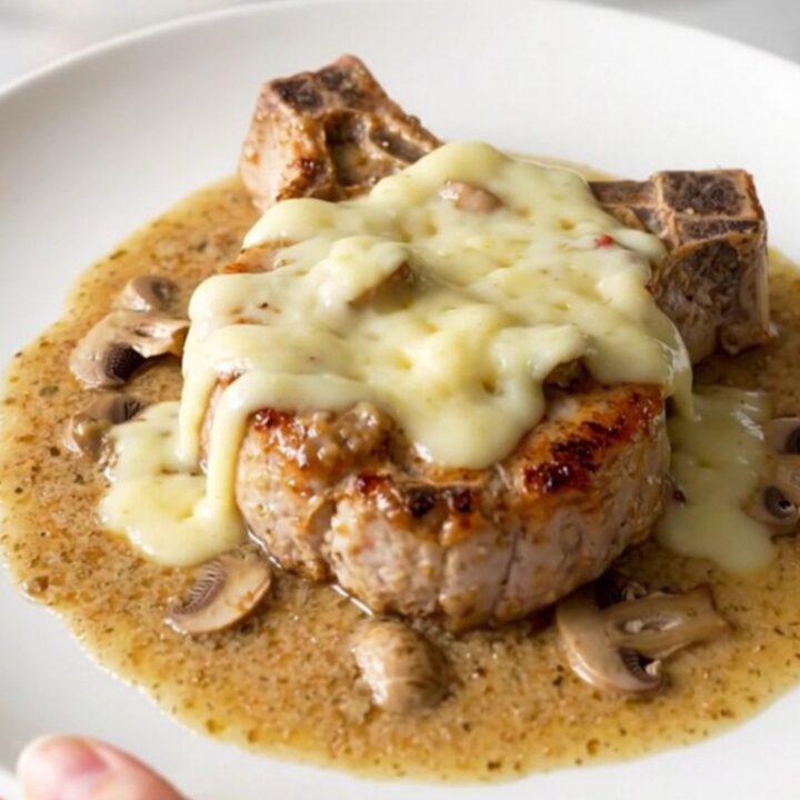 A close-up of tender boneless pork chops covered in a creamy mushroom sauce and melted Swiss cheese.