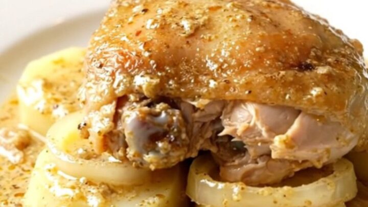 A slow cooker filled with chicken thighs, sliced potatoes, and onions in a creamy sauce.