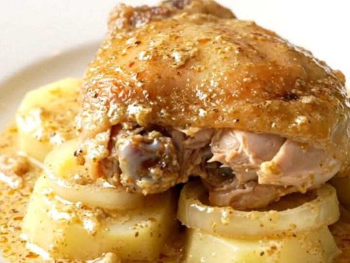 A slow cooker filled with chicken thighs, sliced potatoes, and onions in a creamy sauce.