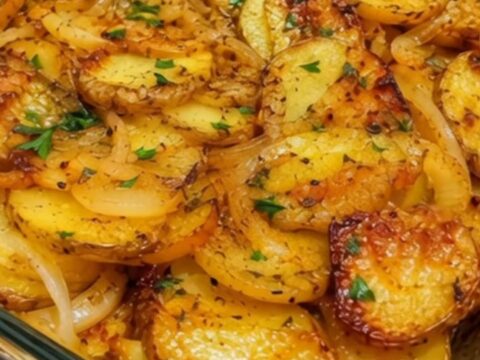 A close-up of crispy golden-brown potato rounds in a clear glass casserole dish, garnished with fresh green parsley.