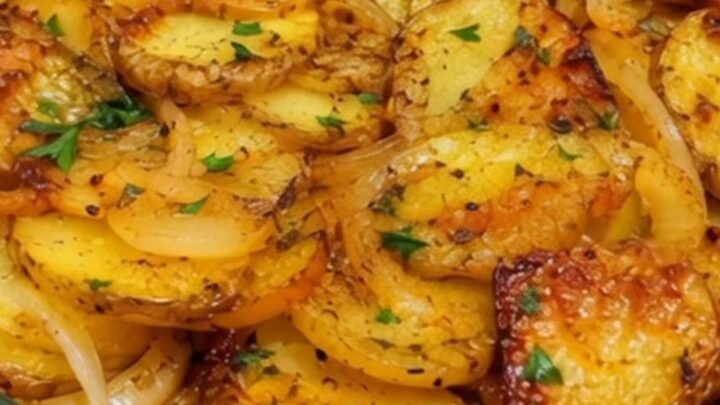 A close-up of crispy golden-brown potato rounds in a clear glass casserole dish, garnished with fresh green parsley.