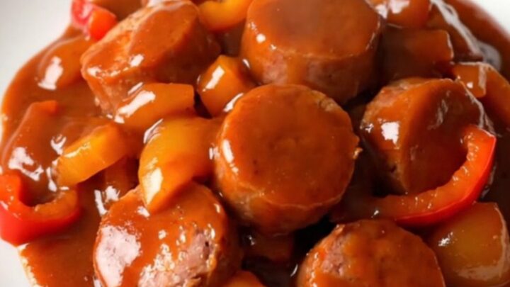 A top-down view of cooked smoked sausage and green peppers coated in a thick, glossy red gochujang sauce.