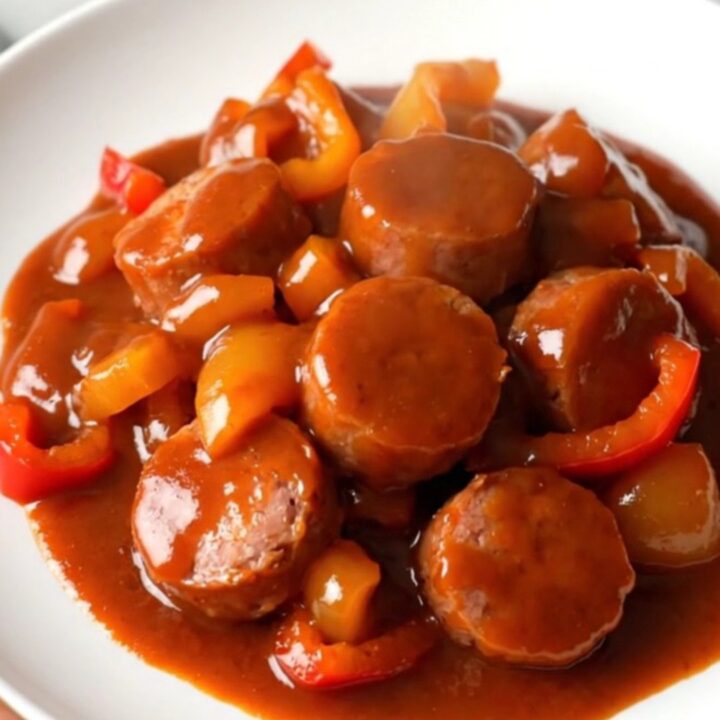 A top-down view of cooked smoked sausage and green peppers coated in a thick, glossy red gochujang sauce.