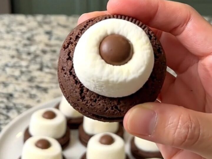 A tray of finished spooky marshmallow eyeball cookies arranged in neat rows on a dark baking sheet.