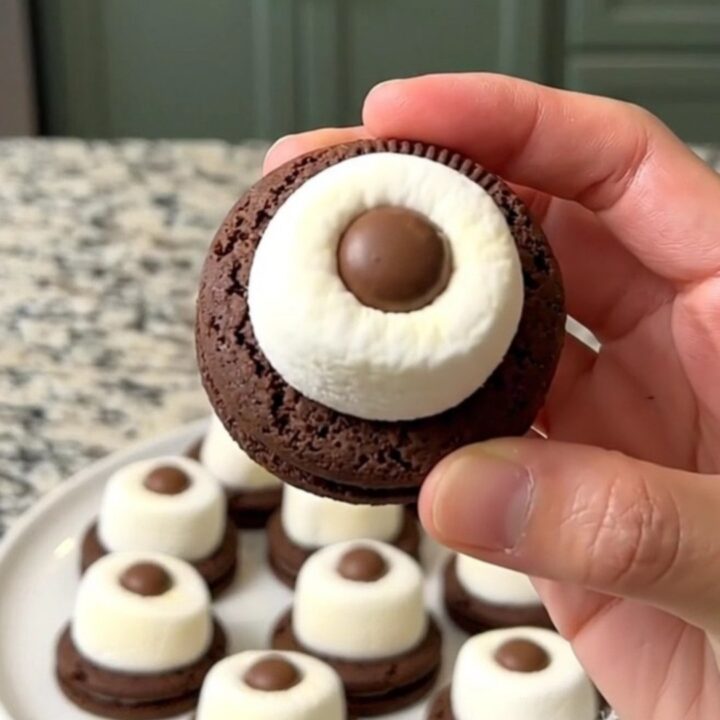 A tray of finished spooky marshmallow eyeball cookies arranged in neat rows on a dark baking sheet.