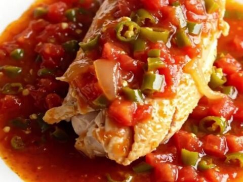 A top-down view of a rectangular baker filled with ground turkey, cabbage, marinara sauce, and melted mozzarella cheese.