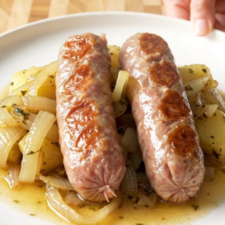A stainless steel slow cooker filled with bratwurst, halved baby potatoes, and onions in a rich herb butter sauce.