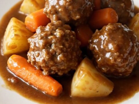 A slow cooker filled with beef meatballs, tender baby carrots, and potato chunks covered in a rich brown onion gravy.