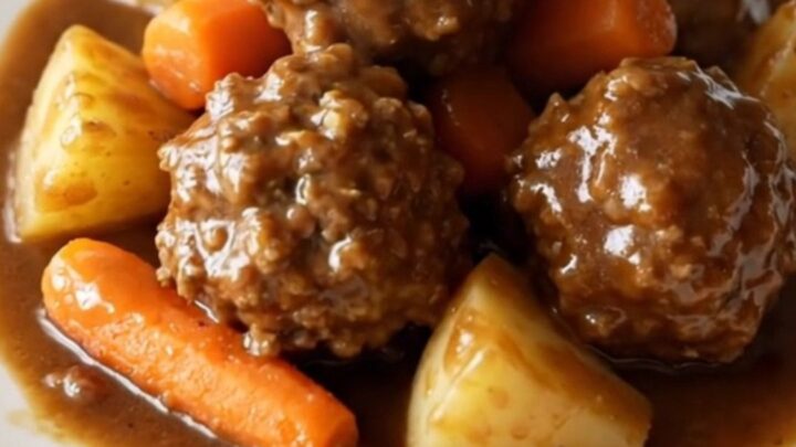 A slow cooker filled with beef meatballs, tender baby carrots, and potato chunks covered in a rich brown onion gravy.
