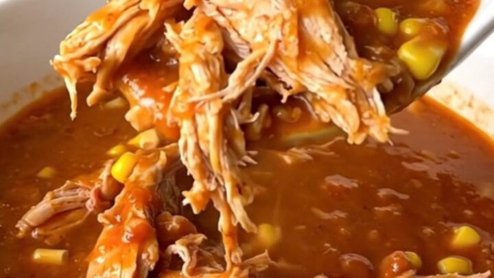 A rustic bowl of smoky Brunswick stew filled with shredded chicken, corn, and lima beans in a thick red sauce.