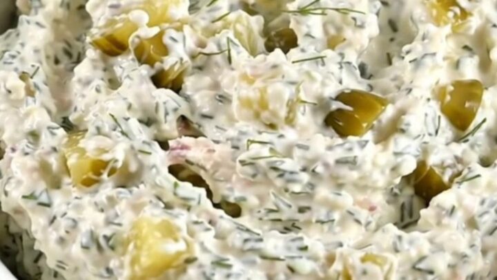 A creamy chicken and dill pickle dip in a white bowl, showing flecks of herbs.