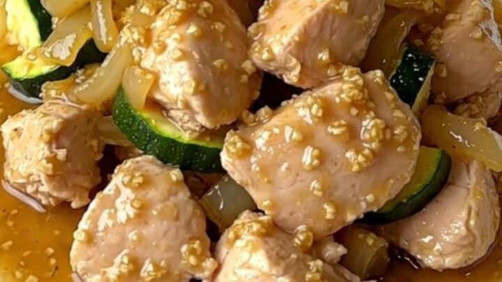 A close-up of tender chicken pieces, zucchini, and onions in a rich garlic butter sauce inside a slow cooker.