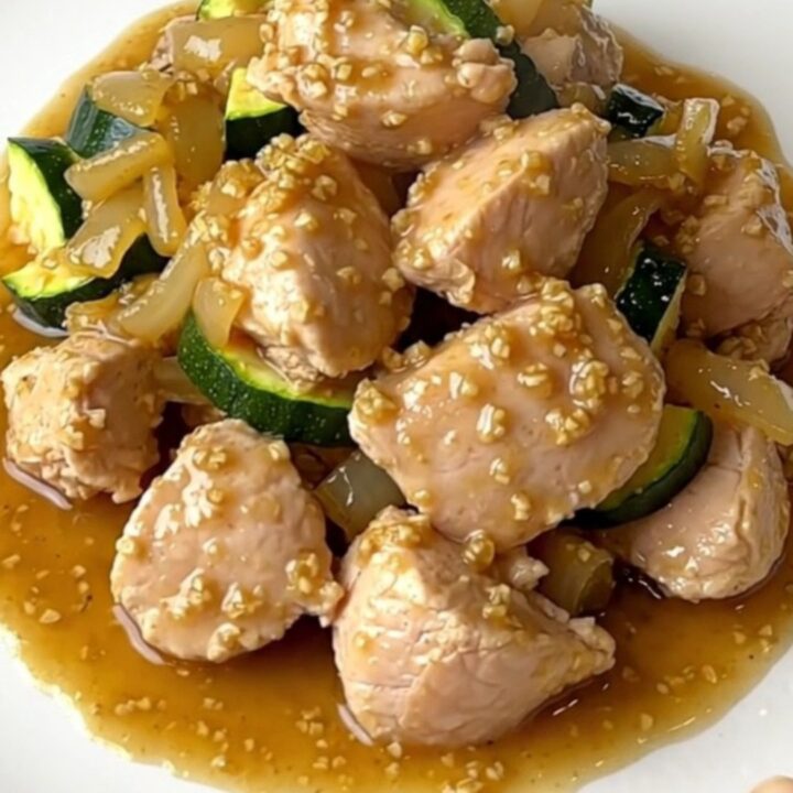 A close-up of tender chicken pieces, zucchini, and onions in a rich garlic butter sauce inside a slow cooker.