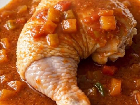A close-up of a slow cooker filled with chicken leg quarters, diced vegetables, and a rich red tomato-based Creole sauce.