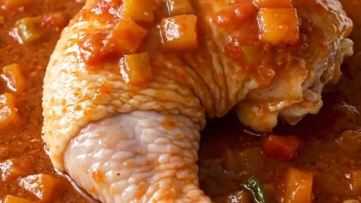A close-up of a slow cooker filled with chicken leg quarters, diced vegetables, and a rich red tomato-based Creole sauce.