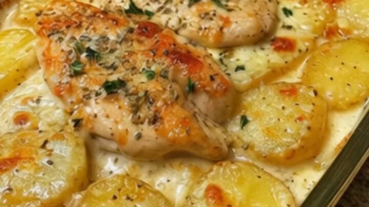 A glass baking dish filled with a golden, bubbling creamy chicken and potato coin bake with fresh herbs.