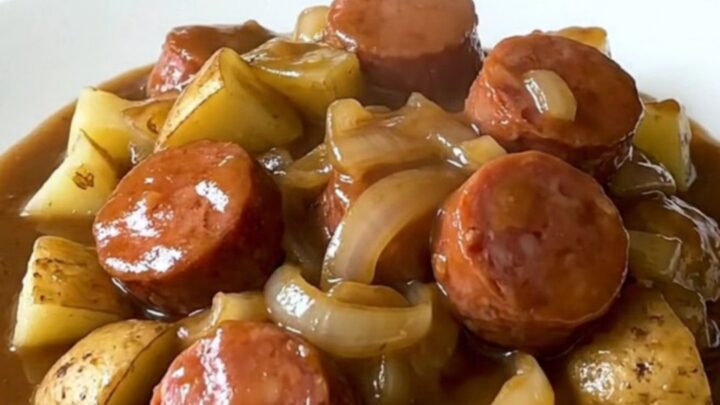 A close-up of a slow cooker filled with sliced smoked sausage and tender potato cubes in a rich brown gravy.