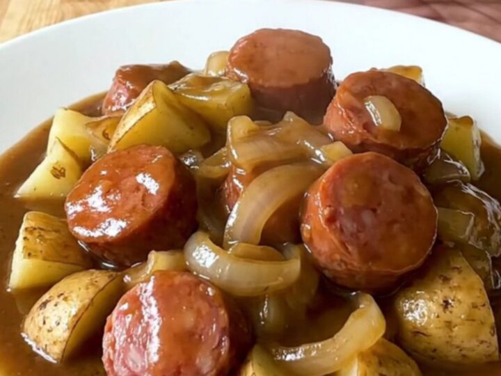 A close-up of a slow cooker filled with sliced smoked sausage and tender potato cubes in a rich brown gravy.