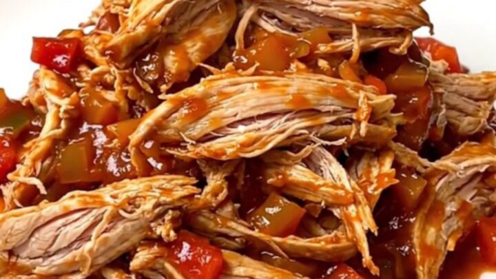 A close-up of a bowl filled with tender, shredded chicken in a rich, red sloppy joe sauce.