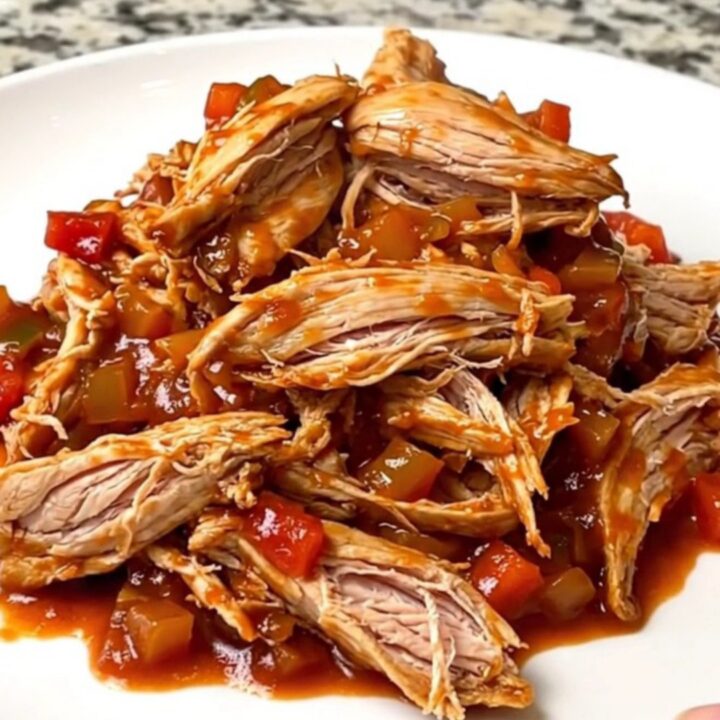 A close-up of a bowl filled with tender, shredded chicken in a rich, red sloppy joe sauce.