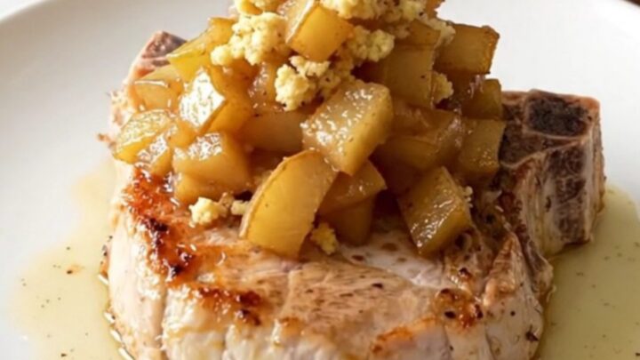 A tender, braised boneless pork chop topped with spiced apples and savory stuffing on a white plate.