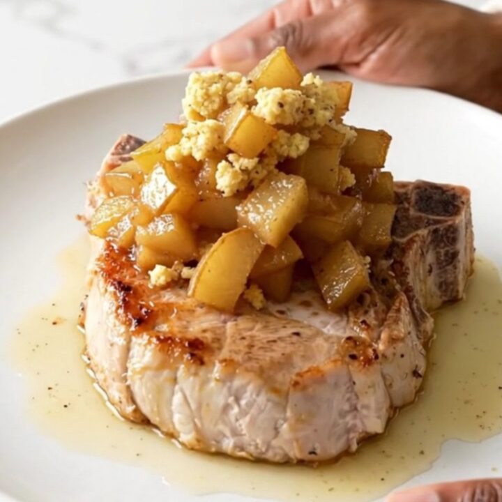 A tender, braised boneless pork chop topped with spiced apples and savory stuffing on a white plate.