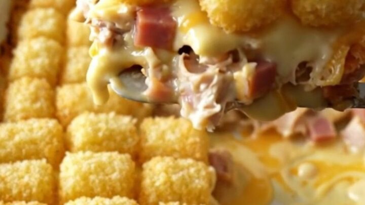 A top-down view of a creamy Chicken Cordon Bleu Potato Tot Bake in a rectangular ceramic dish.