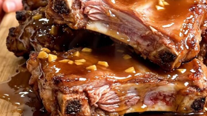 A close-up of tender, braised pork spareribs coated in a dark, glossy honey garlic sauce on a wooden board.