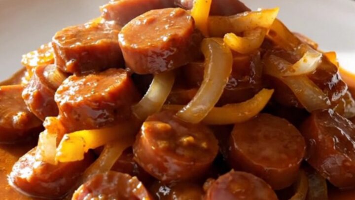 A stainless steel slow cooker filled with sliced kielbasa, colorful bell peppers, and onions in a rich, smoky paprika sauce.