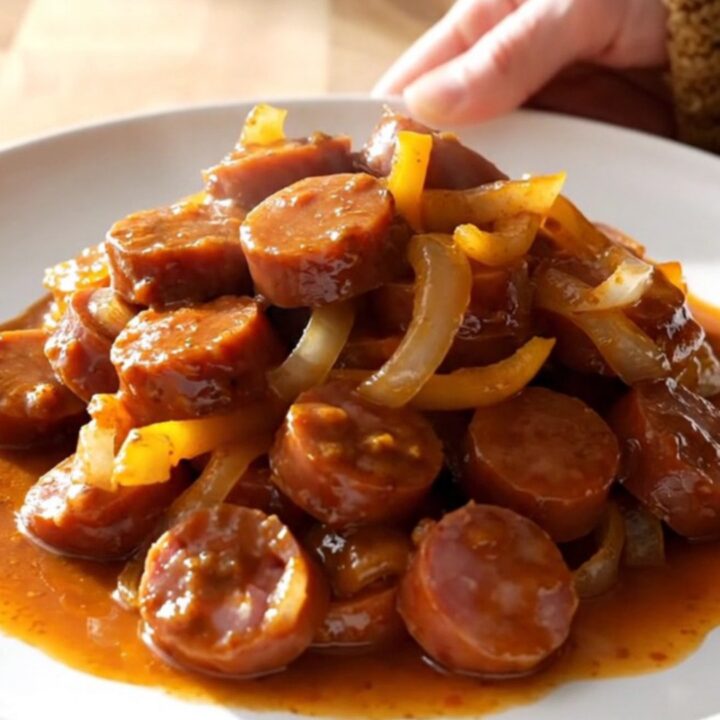 A stainless steel slow cooker filled with sliced kielbasa, colorful bell peppers, and onions in a rich, smoky paprika sauce.
