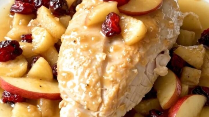 Slow cooker apple cranberry chicken served on a white plate with visible steam.