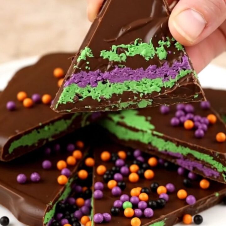 A close-up of broken shards of dark chocolate bark swirled with green and purple candy and festive sprinkles.