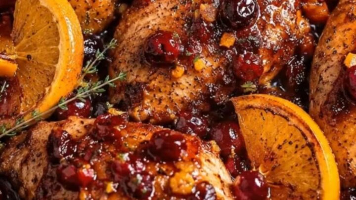 A cast-iron skillet filled with golden-brown chicken breasts, caramelized orange slices, fresh cranberries