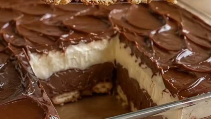 A slice of chocolate and vanilla pavé lifted from a glass dish, showing distinct layers of biscuit, vanilla cream