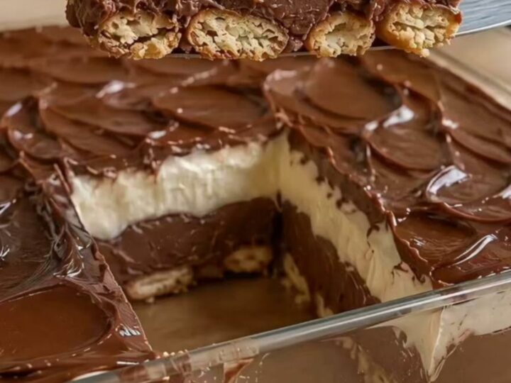 A slice of chocolate and vanilla pavé lifted from a glass dish, showing distinct layers of biscuit, vanilla cream
