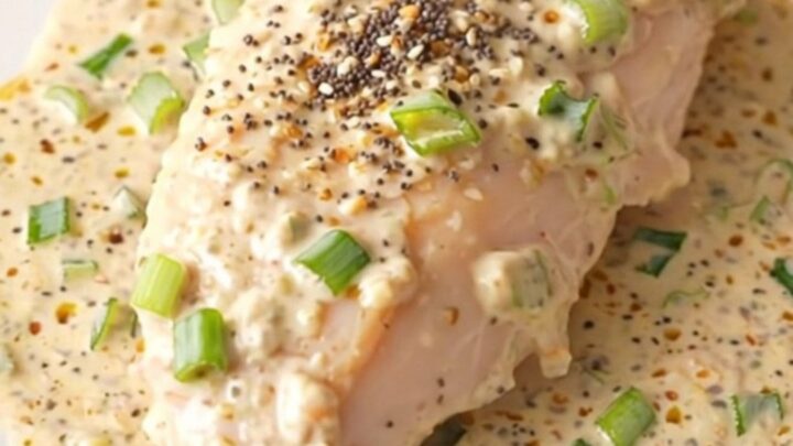 Creamy everything bagel chicken served on a white plate with a rich, seeded sauce.