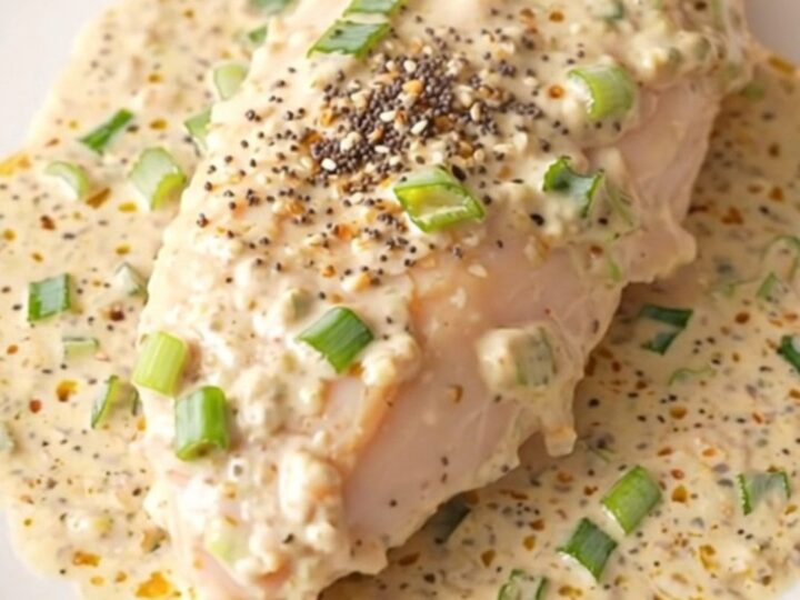 Creamy everything bagel chicken served on a white plate with a rich, seeded sauce.