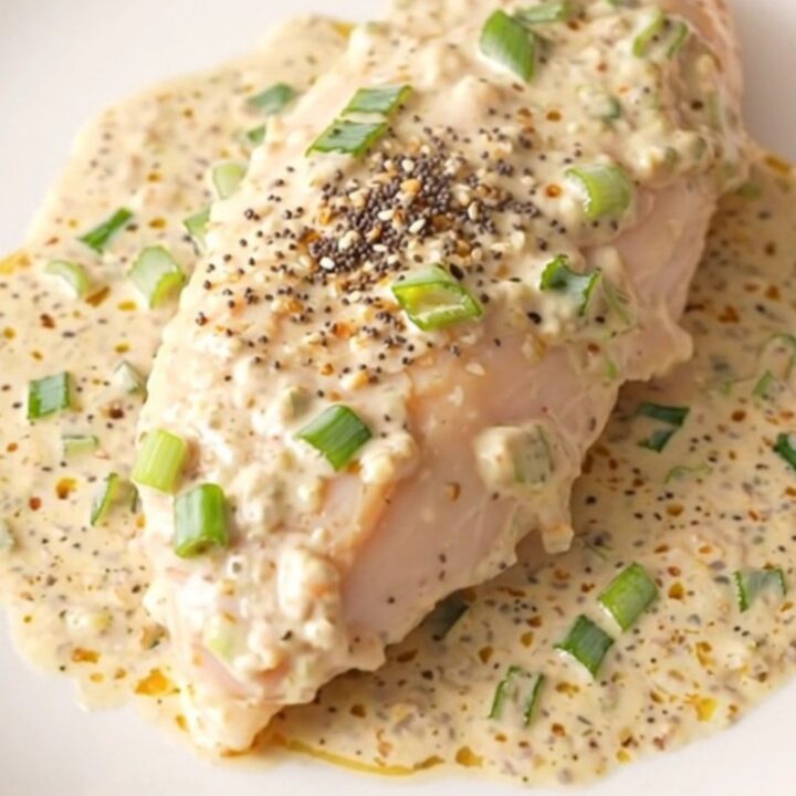 Creamy everything bagel chicken served on a white plate with a rich, seeded sauce.