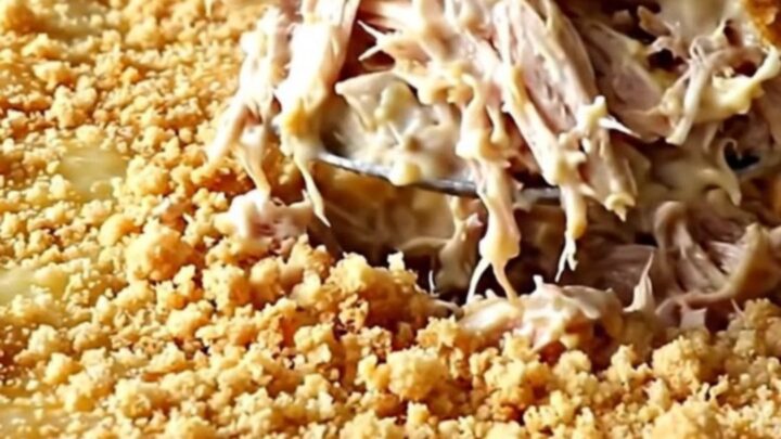 A golden, crunchy cracker-topped chicken casserole in a white ceramic dish.