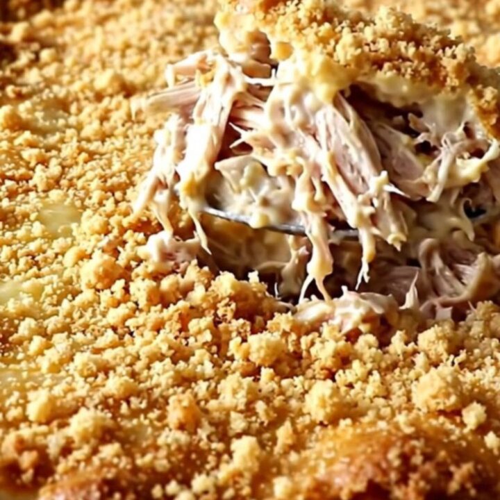 A golden, crunchy cracker-topped chicken casserole in a white ceramic dish.