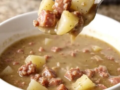 A bowl of creamy sausage and potato soup with visible sausage crumbles and tender potato chunks in a thick gravy.
