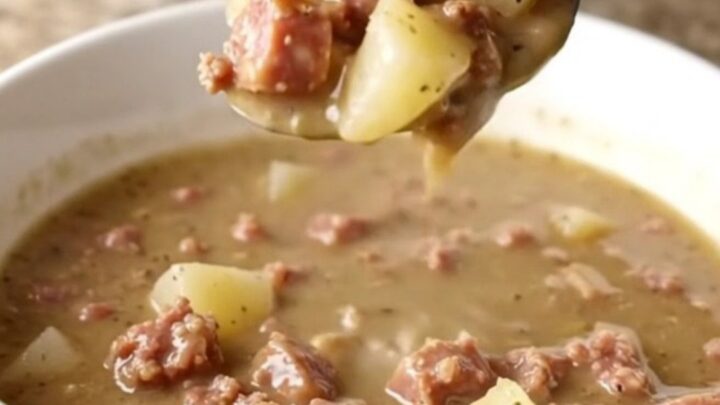 A bowl of creamy sausage and potato soup with visible sausage crumbles and tender potato chunks in a thick gravy.