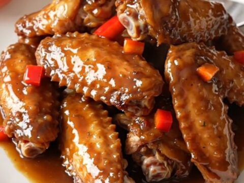 A close-up of tender, slow-cooked jerk turkey wings with peppers and scallions in a black slow cooker.