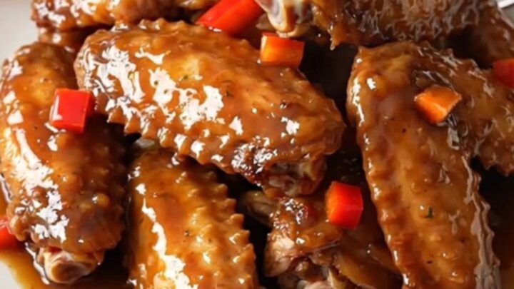 A close-up of tender, slow-cooked jerk turkey wings with peppers and scallions in a black slow cooker.